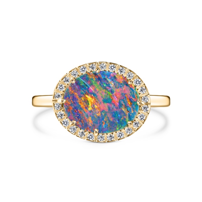 14k Yellow Gold Opal Doublet and Diamond Ring